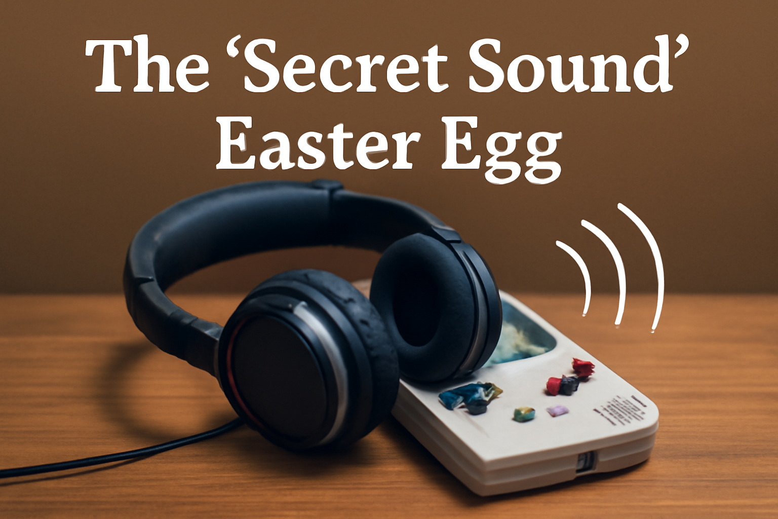 Close-up of headphones placed on a retro gaming device with a hidden audio reward symbol. Celebrating the discovery of the 'Secret Sound' Easter egg