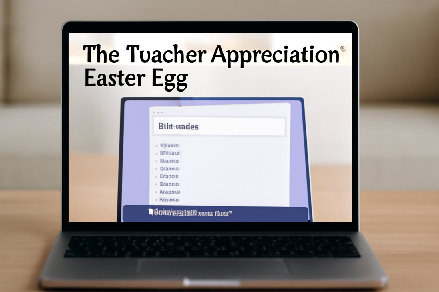 Laptop screen showing educational quiz software with a heartfelt 'Thanks for teaching!' message for teachers, symbolizing the Teacher Appreciation Easter Egg