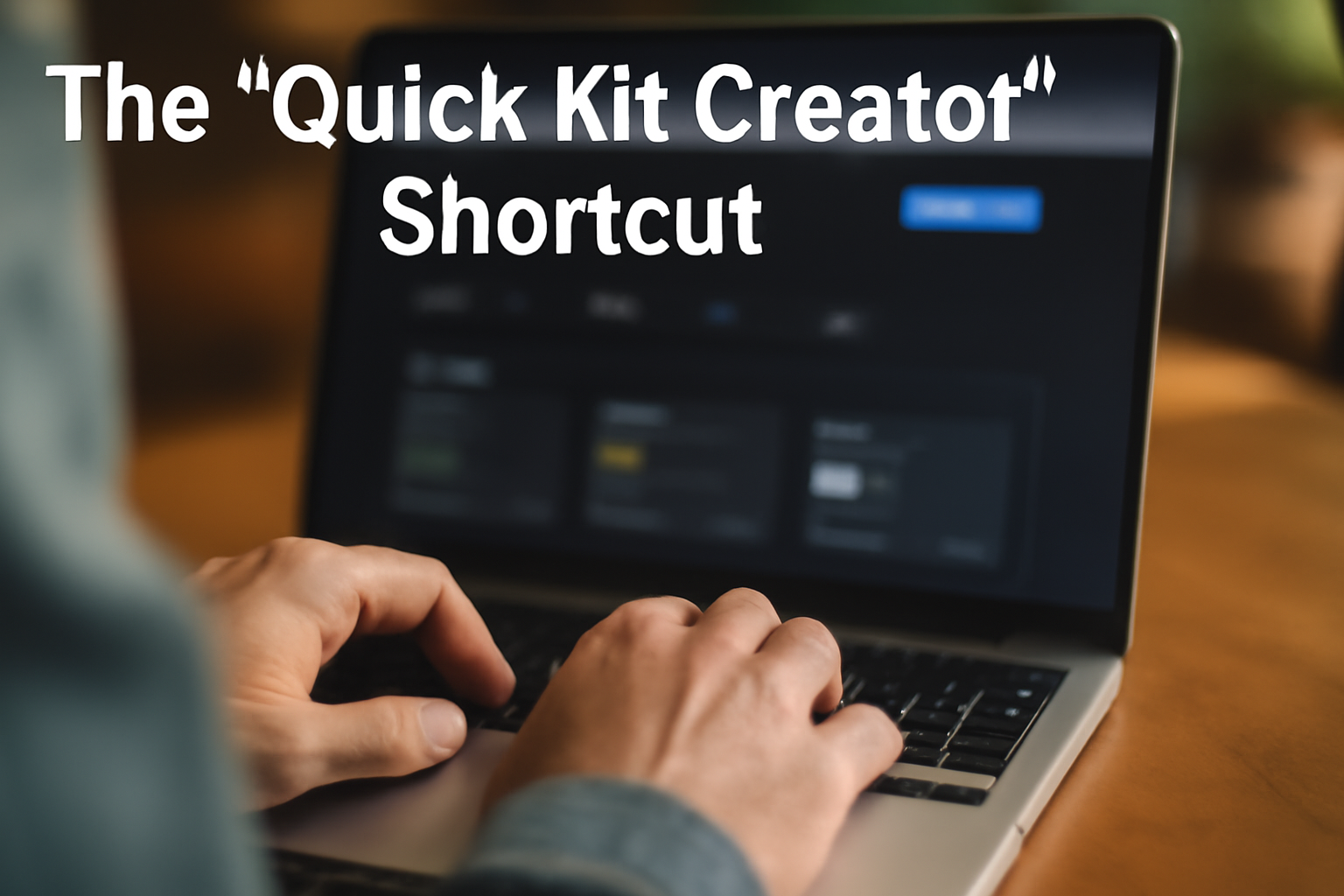A person pressing the Ctrl + Shift + K keys on a laptop to create a new Kit quickly. The laptop screen displays a dark background interface related to Gimkit