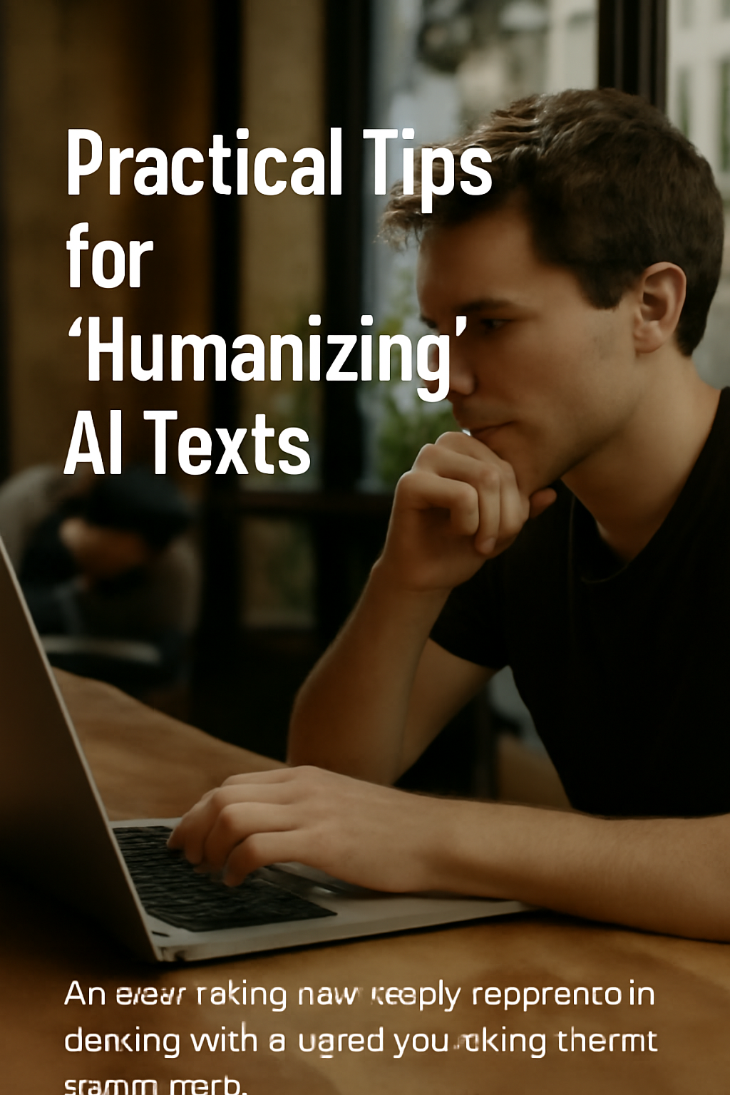 A young man focused on humanizing AI writing while working on his laptop in a cozy setting, emphasizing practical tips for creating more engaging, conversational text.