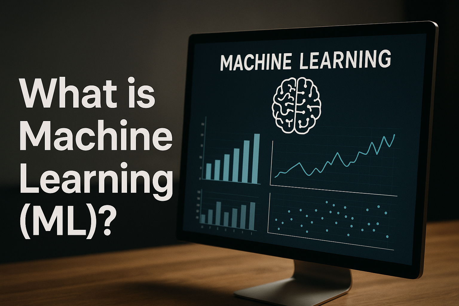 A monitor showing machine learning graphs and a brain icon, alongside bold text reading "What is Machine Learning (ML)?" for blog introduction section 