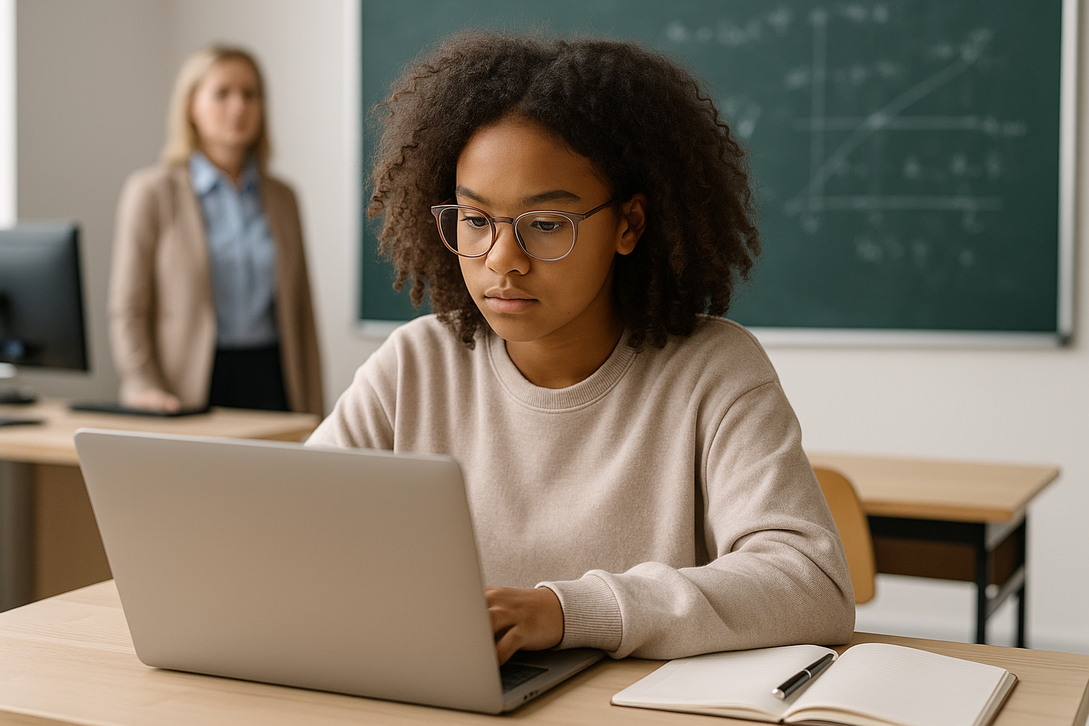 Focused student using AI-based educational tools on a laptop in a modern classroom setting