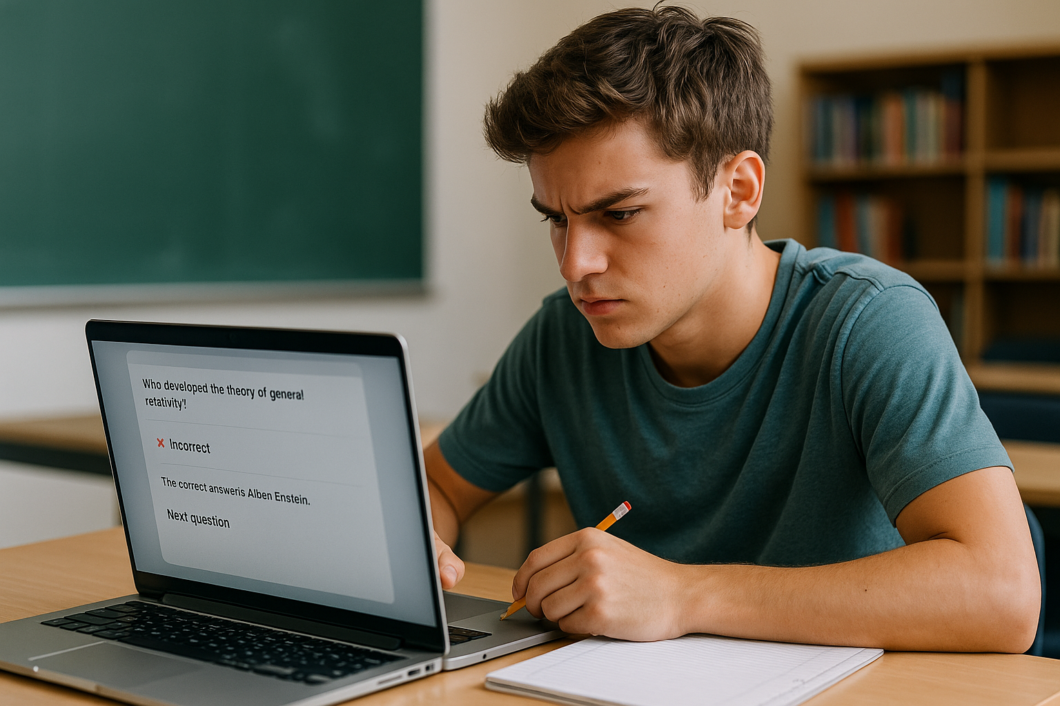 Focused teenage student reviewing AI-powered feedback on a quiz question on his laptop in a classroom setting