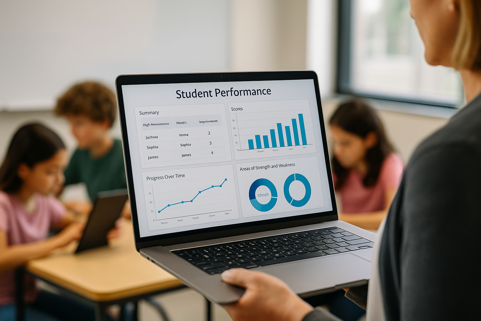 A teacher in a modern classroom reviewing a laptop screen displaying student performance analytics with progress charts and score summaries, while students work on tablets in the background.