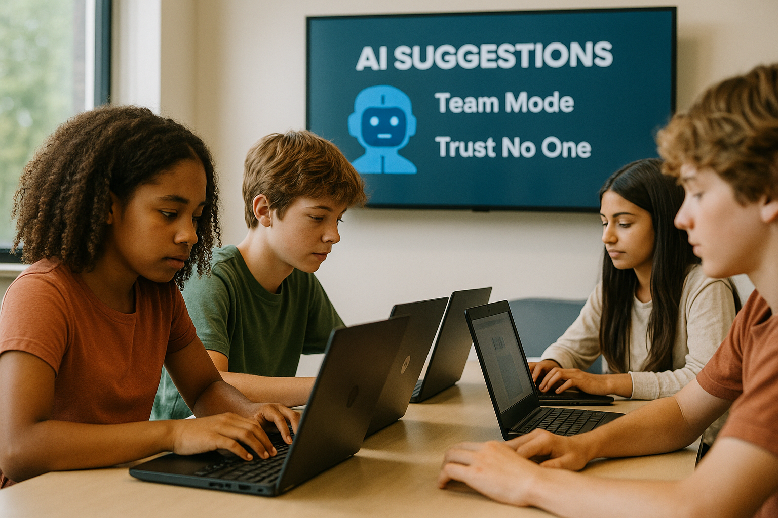 Students in a modern classroom using laptops with an AI-powered screen suggesting Gimkit game modes like Team Mode and Trust No One for optimal learning.