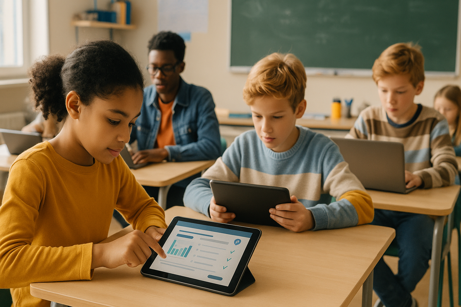 A diverse group of elementary students using tablets and laptops in a bright, modern classroom, illustrating AI-powered adaptive learning technology that adjusts to each student's pace.