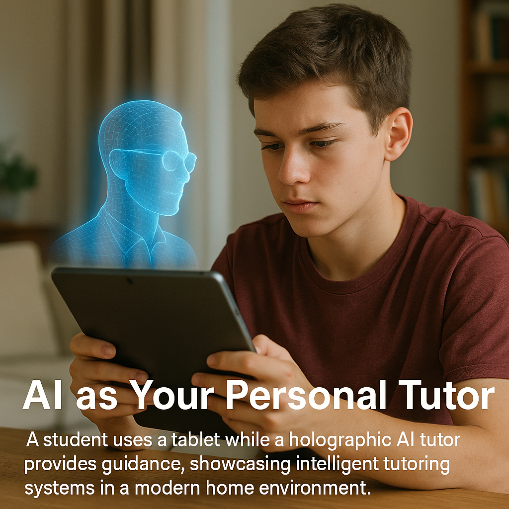 A student uses a tablet while a holographic AI tutor provides guidance, showcasing intelligent tutoring systems in a modern home environment
