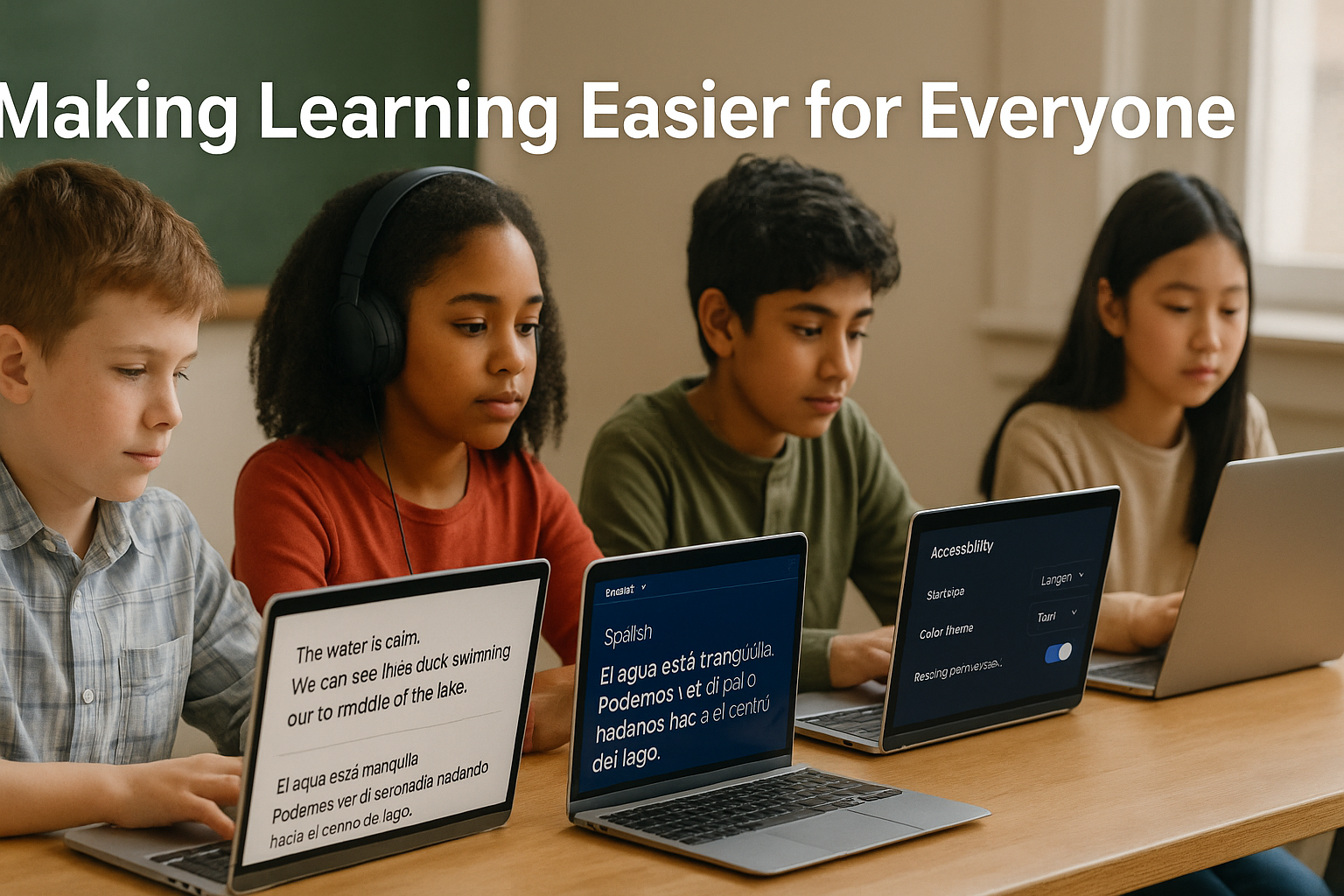 A diverse group of elementary students using AI features like real-time translation, text-to-speech, and visual accessibility tools on laptops in a classroom, illustrating inclusive online learning.