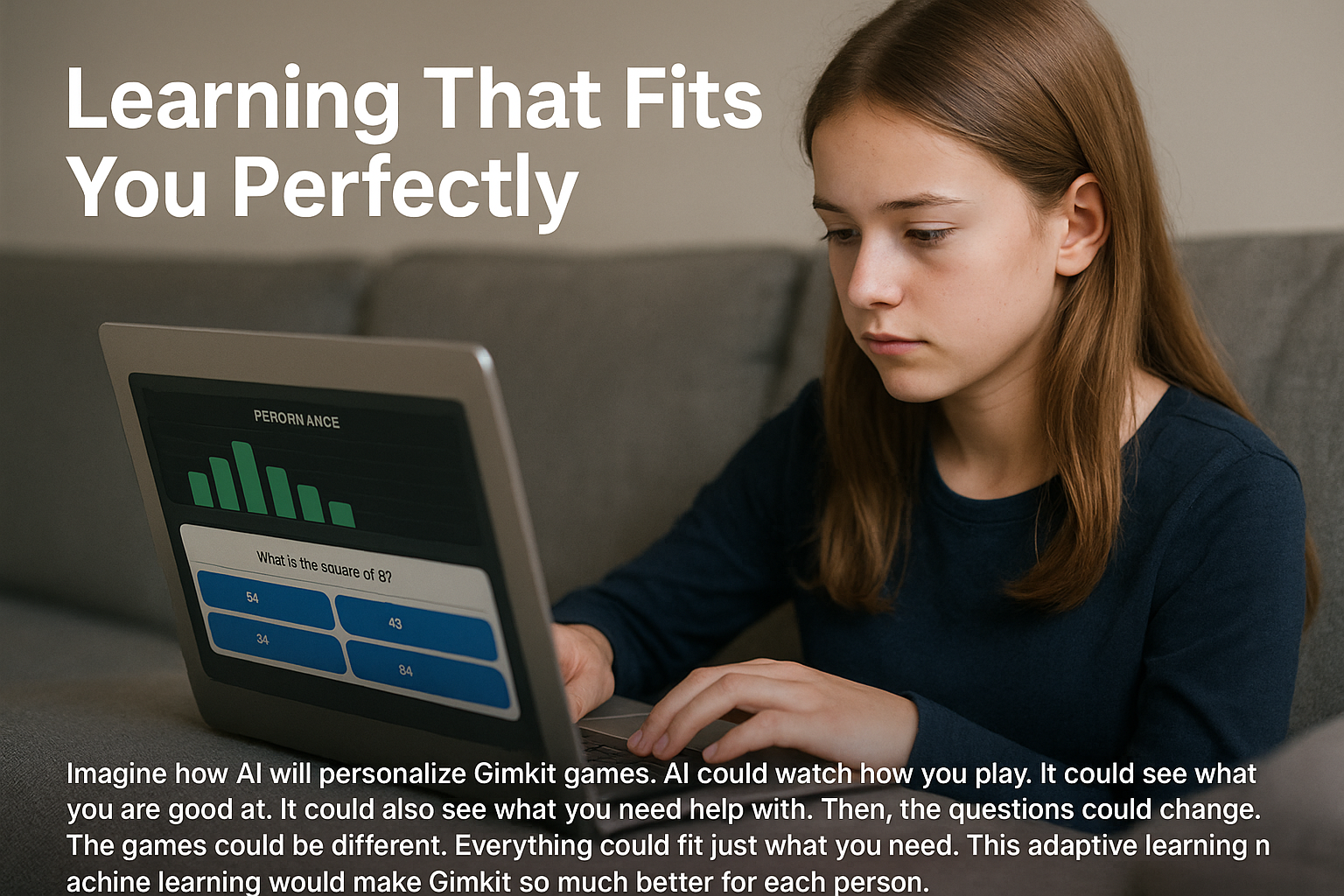 A focused young girl plays an AI-personalized Gimkit game on a laptop, showing real-time performance tracking and adaptive question design