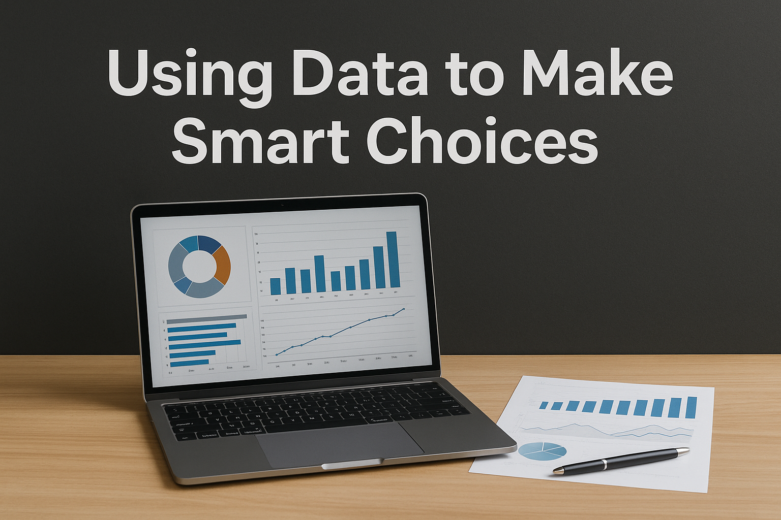A digital photo of a laptop displaying education data analytics charts beside a printed report and pen, under the title 'Using Data to Make Smart Choices'.