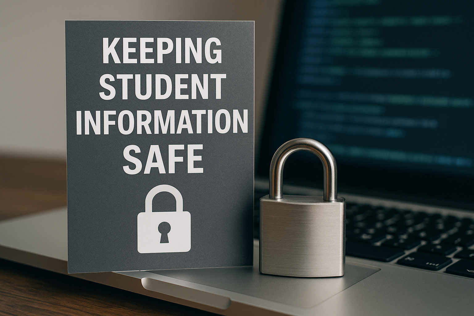 Close-up of a laptop wit a padlock and a sign reading 'Keeping Student Information Safe', symbolizing student data protection and cybersecurity in education