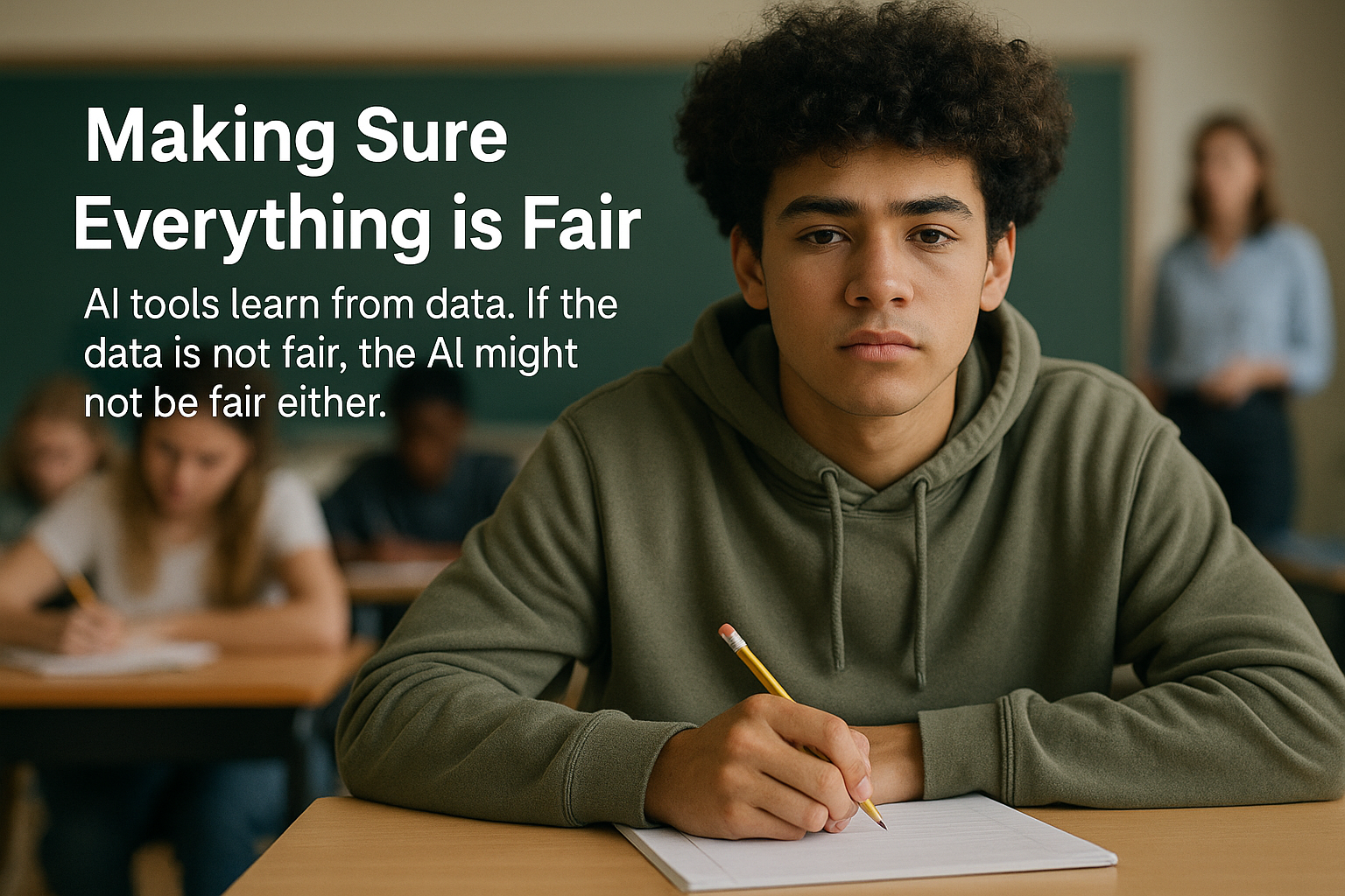 A thoughtful student sitting in a classroom, symbolizing the importance of fairness in AI data used for education tools.