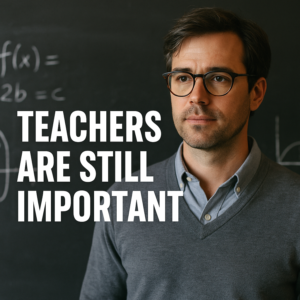 A confident male teacher standing in front of a chalkboard filled with equations, emphasizing the continuing importance of teachers in guiding and inspiring students despite the rise of AI tools.