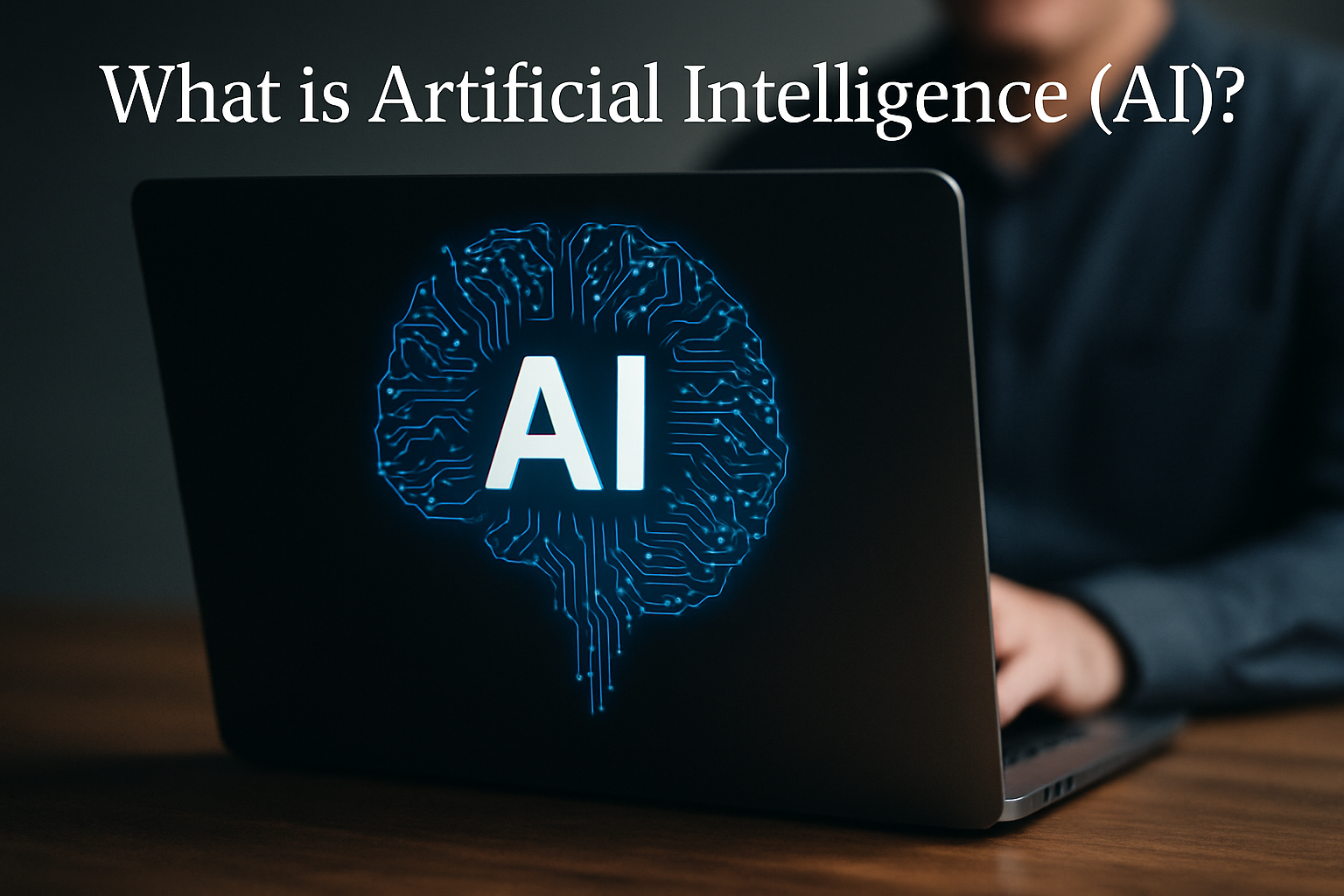 Artificial Intelligence concept with glowing brain circuit and AI letters on a laptop screen, symbolizing machine learning and decision-making technology
