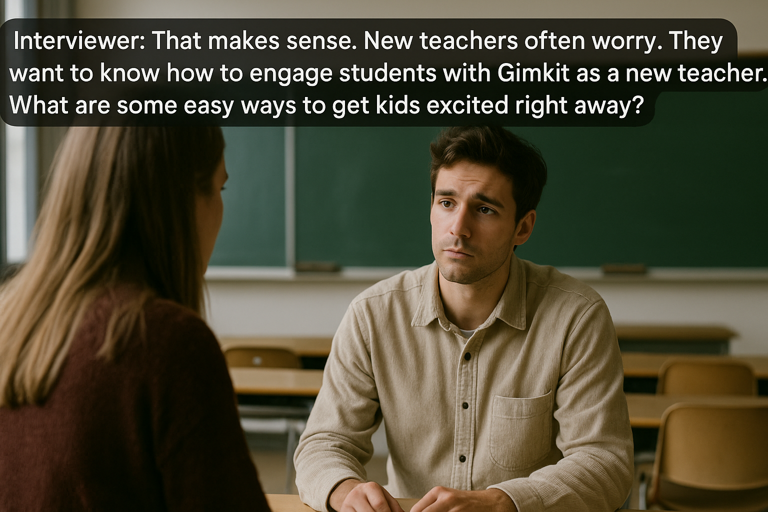 A young teacher being interviewed in a classroom discussing strategies to engage students with Gimkit for the first time.