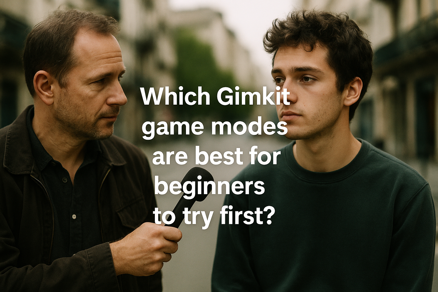 A middle-aged interviewer holding a microphone interviews a young man about the best Gimkit game modes for beginners, with urban background and sharp DSLR quality.