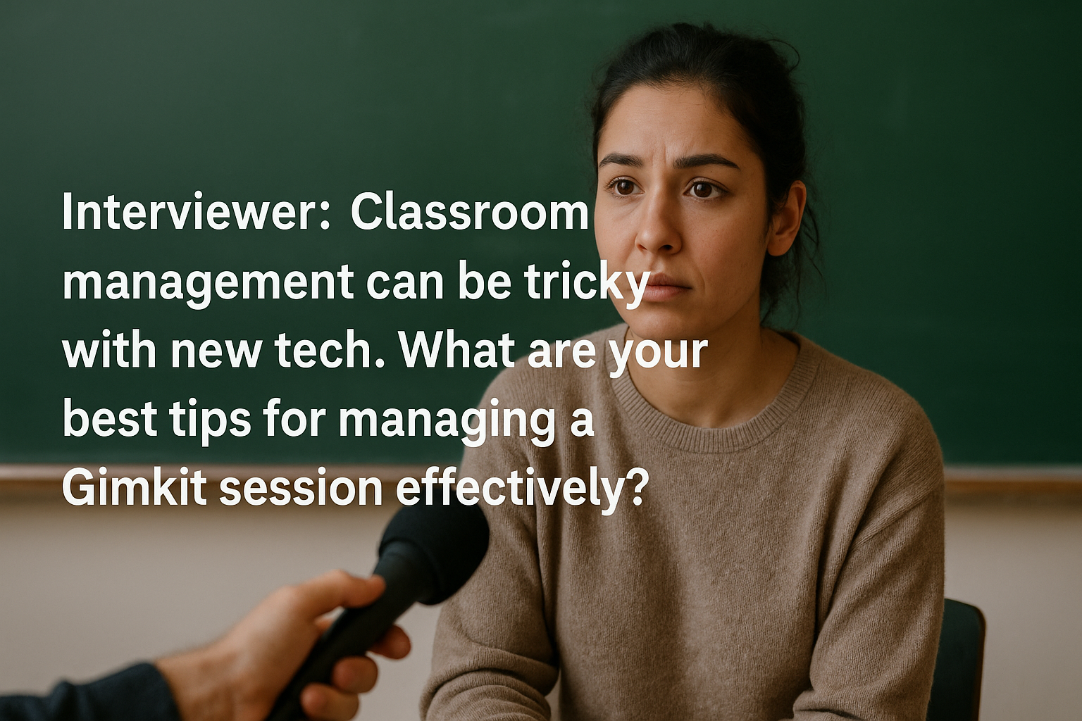 A young female teacher being interviewed in a classroom, discussing classroom management tips for using Gimkit effectively.