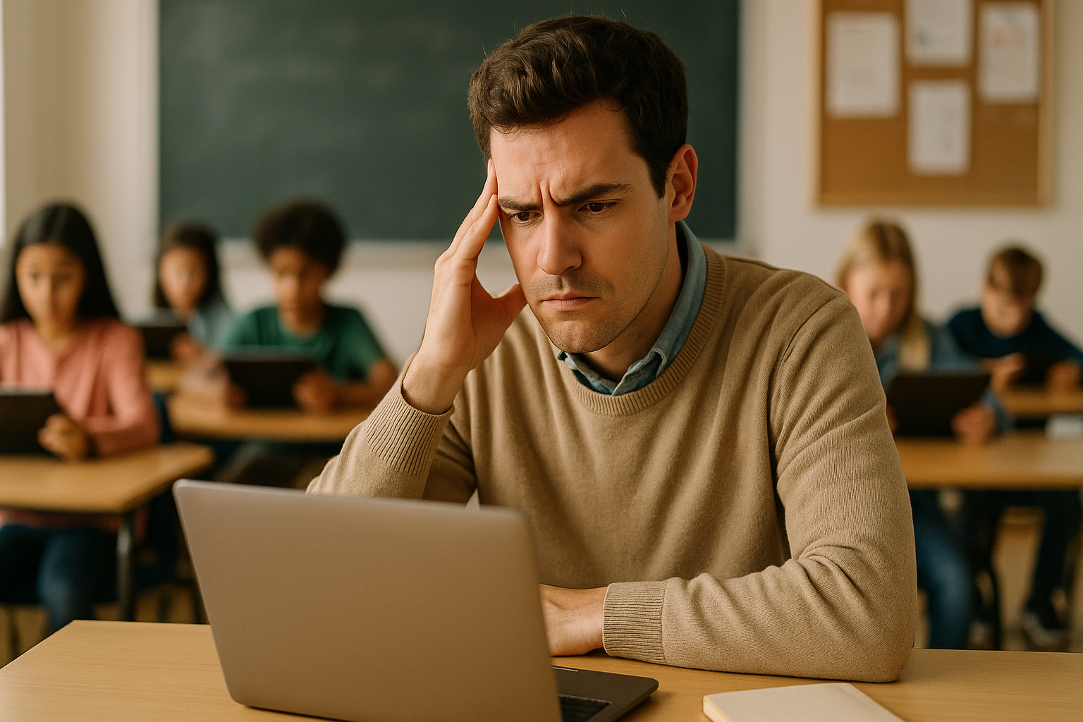 A new teacher looking at a laptop, trying to understand Gimkit, while students use tablets in a classroom.
