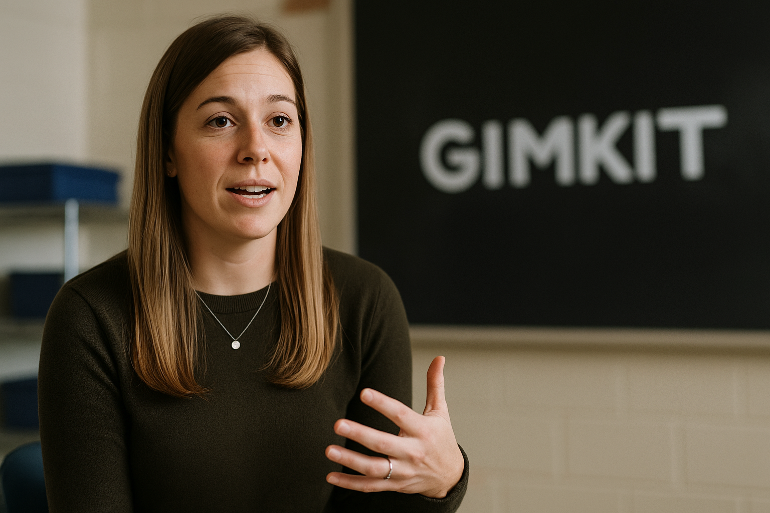 Young female teacher sharing expert tips for new educators on how to confidently use Gimkit during an interview in a classroom setting