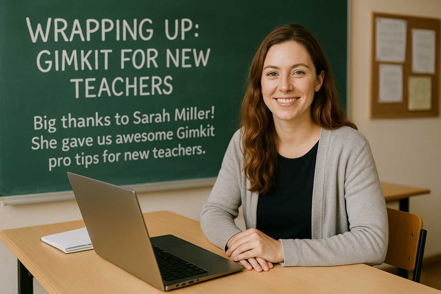 A female teacher smiles at her desk with a chalkboard behind her reading “Wrapping Up: Gimkit for New Teachers,” symbolizing the conclusion of a blog section on using Gimkit in education.