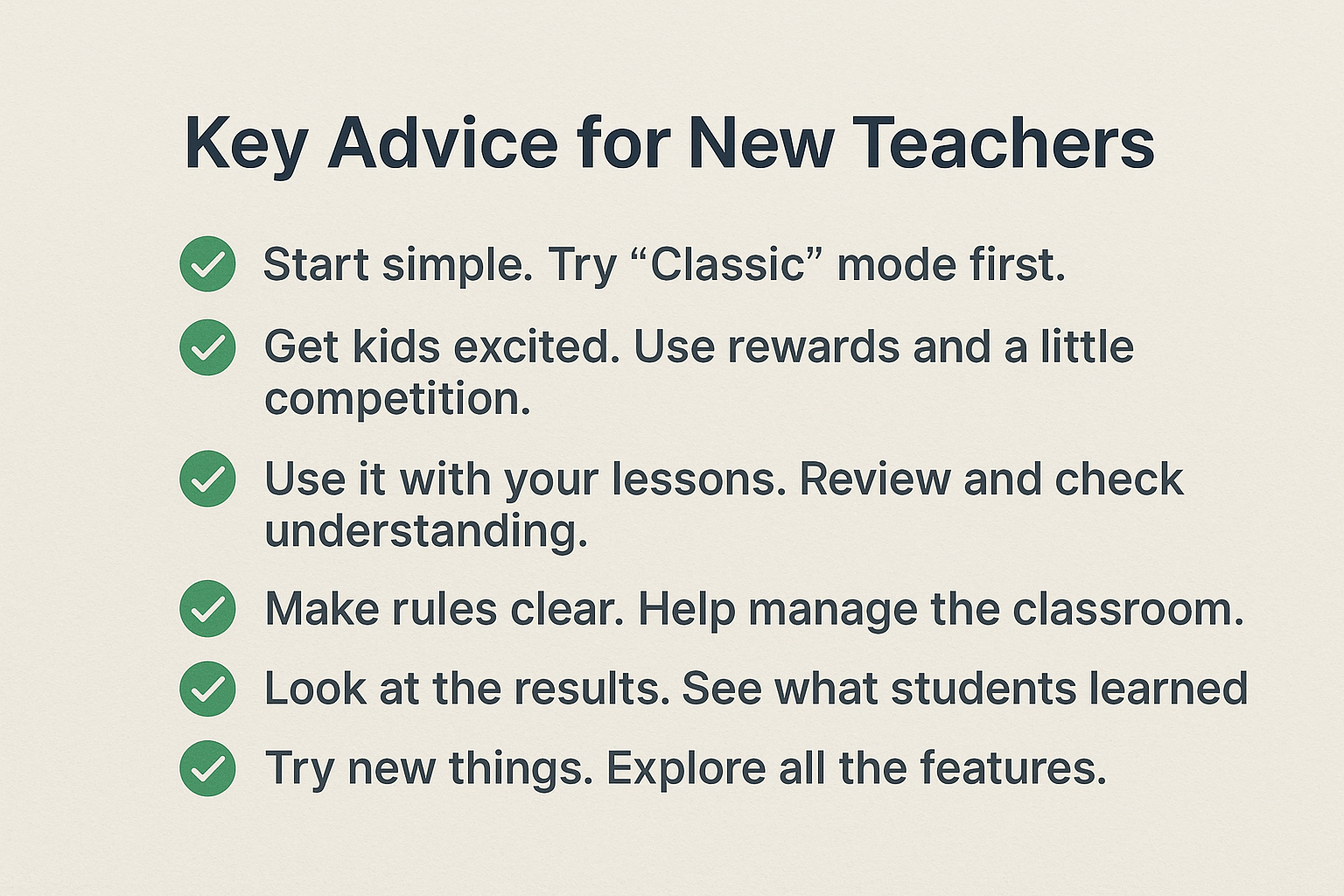 Clean infographic listing simple and effective tips for new teachers using Gimkit, including game modes, classroom management, and community engagement strategies.