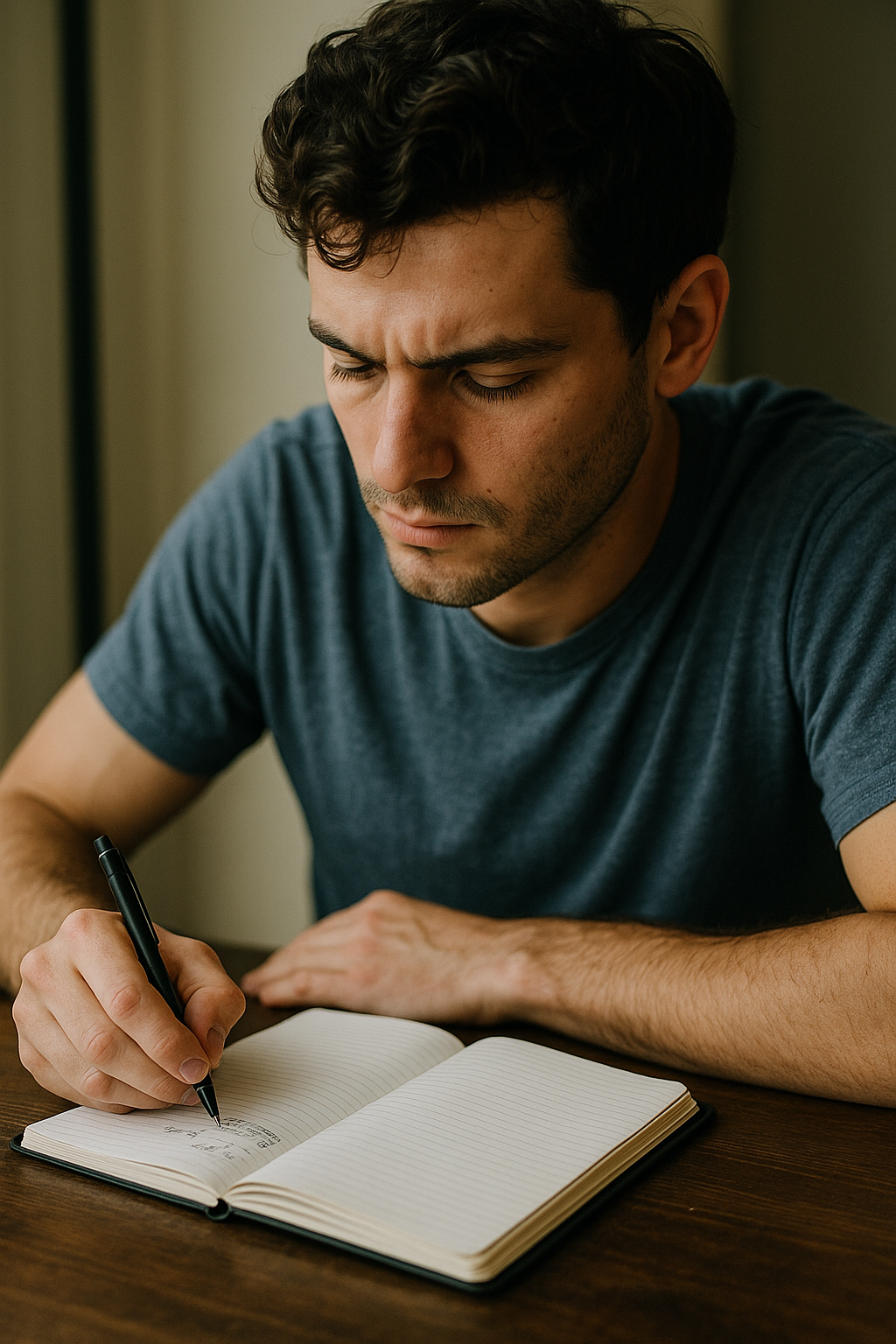 A young man deeply focused as he rewrites blog content by hand in a notebook, promoting personalized content creation.