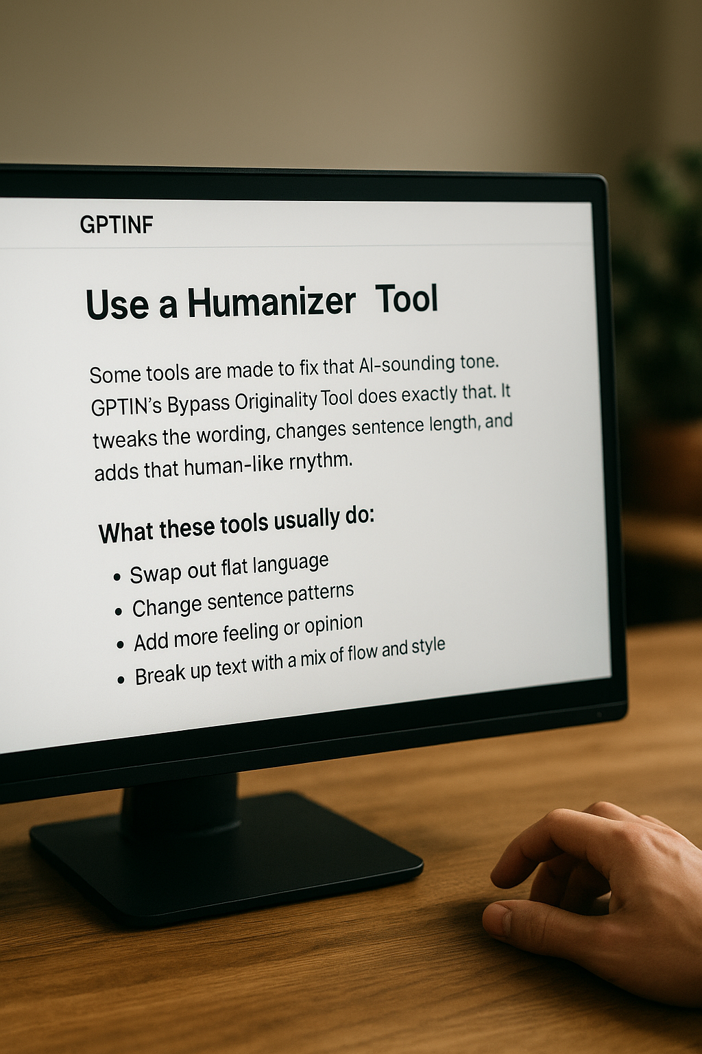 A high-quality close-up photo of a computer screen showing GPTINF’s Bypass Originality Tool with a user’s hand visible, representing tools that humanize AI-generated content by improving tone, rhythm, and sentence variety.