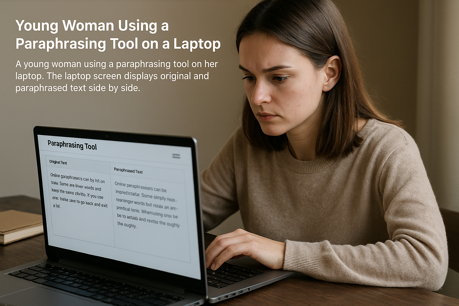 A young woman using a paraphrasing tool on her laptop. The laptop screen displays original and paraphrased text side by side.
