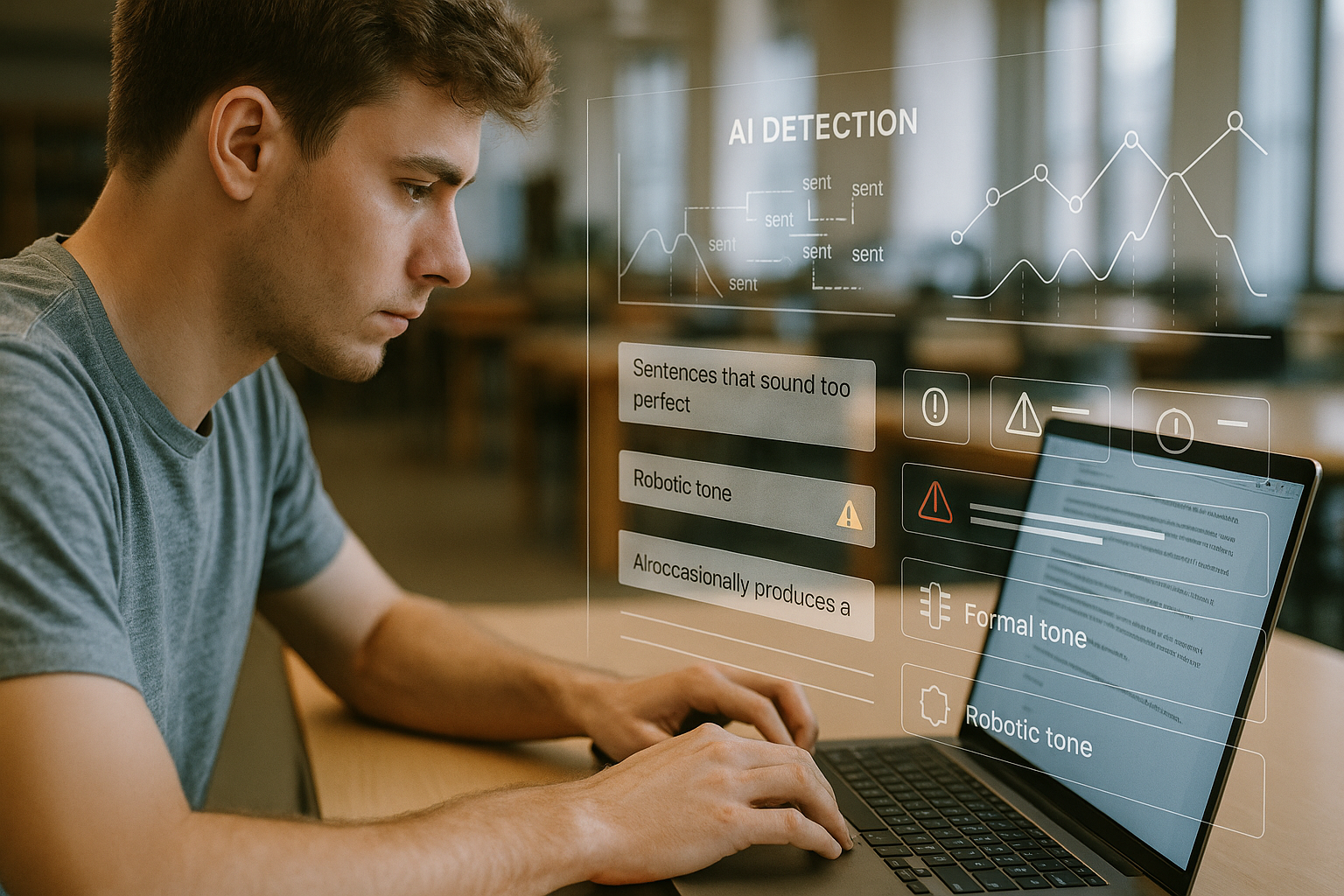 A focused student types on a laptop in a library while a transparent overlay shows AI detection metrics, sentence analysis, and tone flags like “robotic tone” and “too perfect,” representing Turnitin-style scanning.