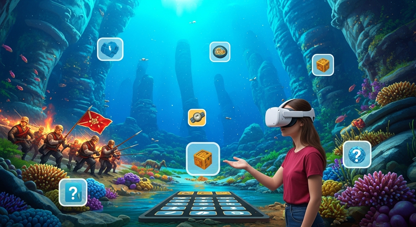 Students exploring an immersive virtual world while playing Gimkit, like a historical battlefield or coral reef.