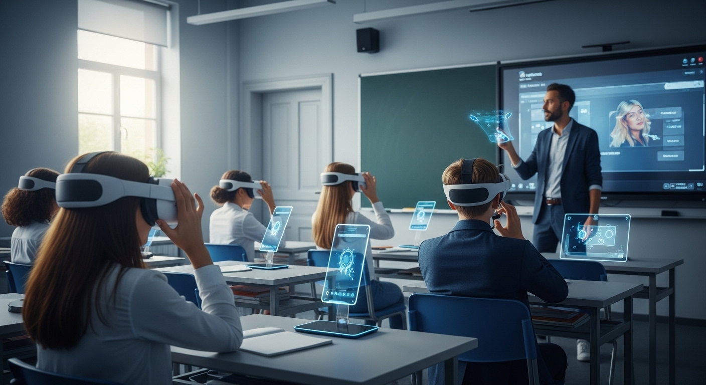 A digital image depicting the challenges and considerations for implementing VR and AR in educational platforms like Gimkit, showing a virtual classroom environment with mixed reality tools.