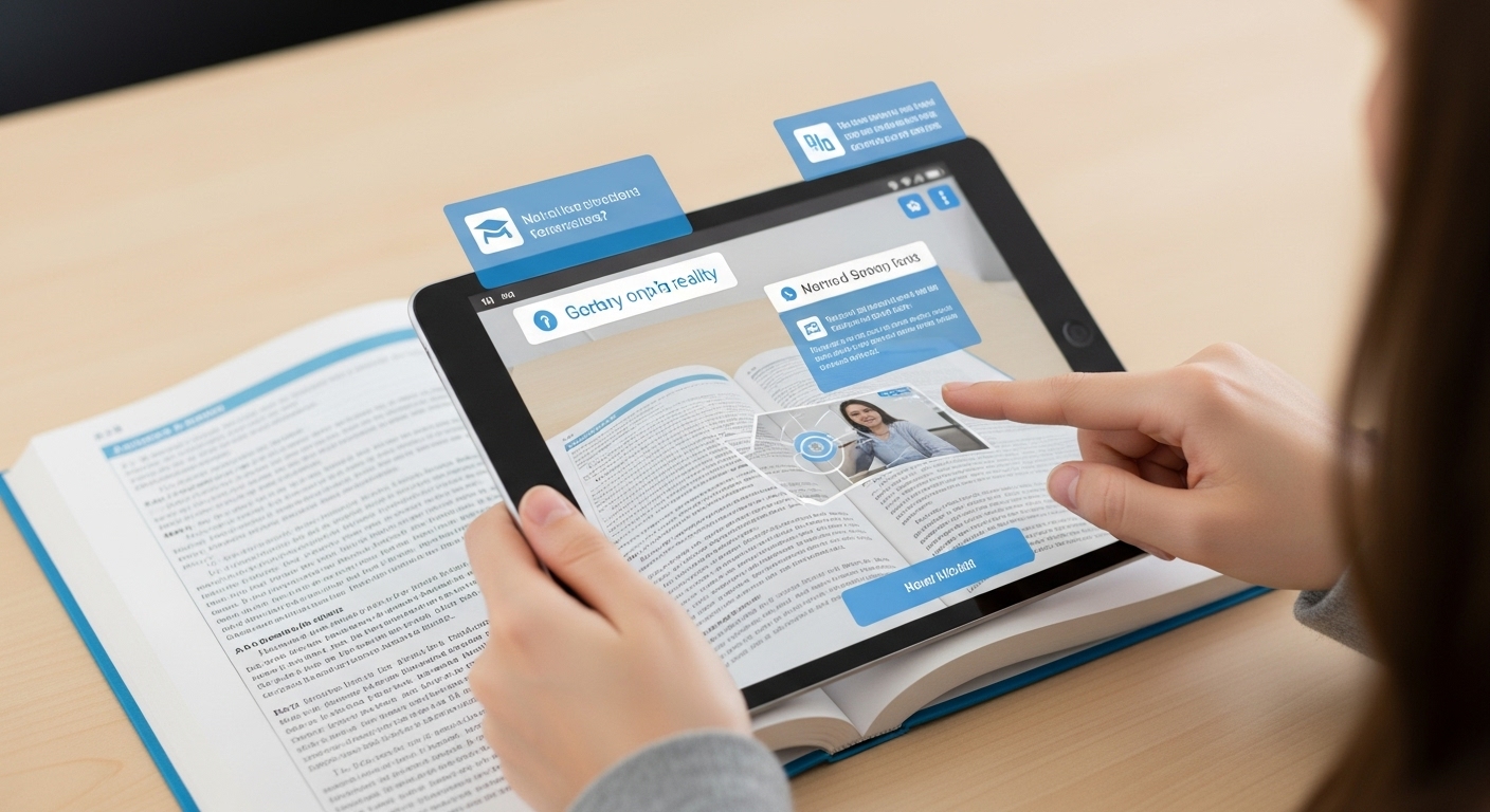 AR overlays triggering educational questions and fun facts on a textbook page, enhancing classroom learning.