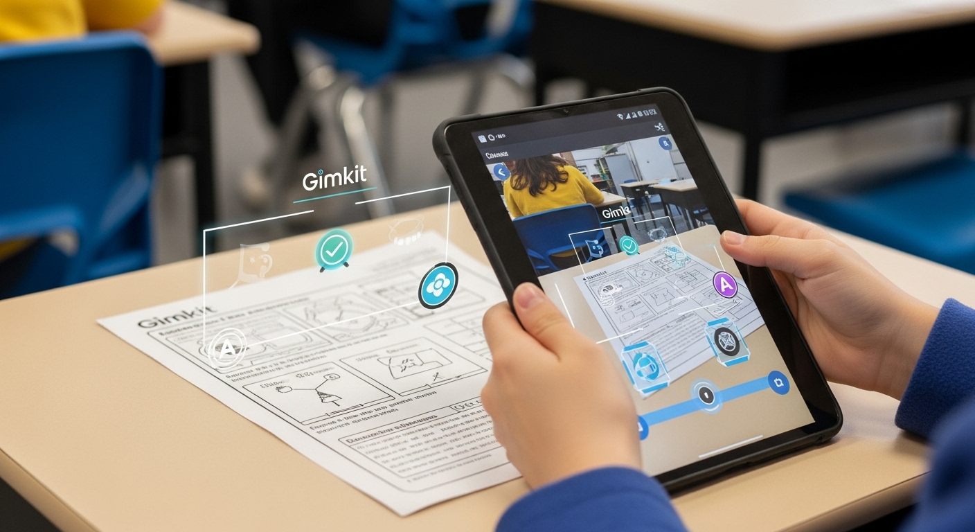 Scanning physical worksheets with AR apps to launch interactive Gimkit games for a dynamic learning experience.