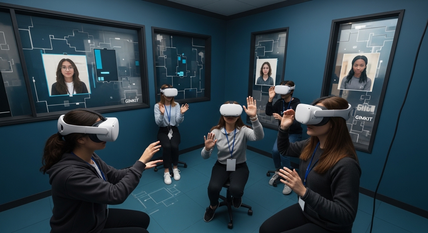 A group of students working together in a virtual escape room, solving educational challenges in Gimkit VR