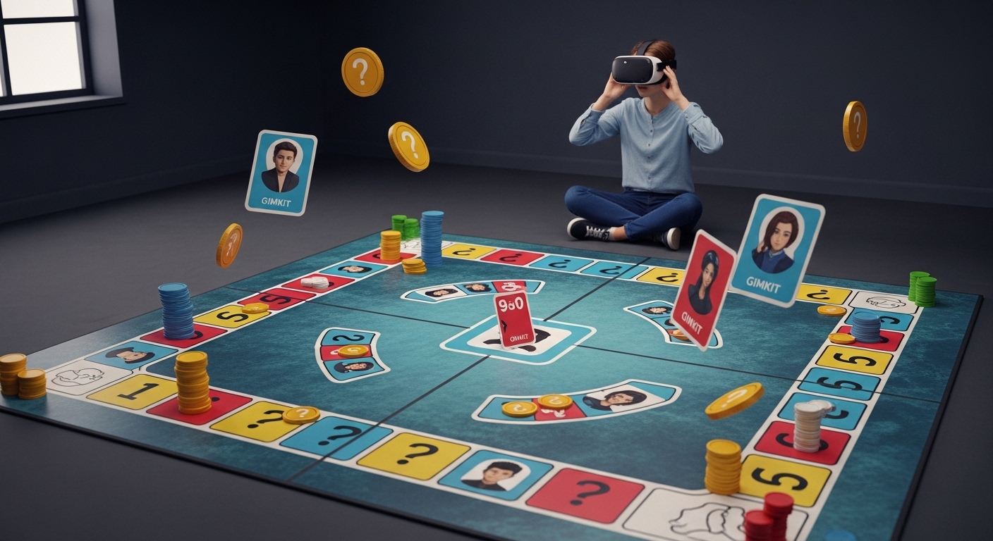 A student inside a virtual board game, experiencing Gimkit in virtual reality with dynamic elements.