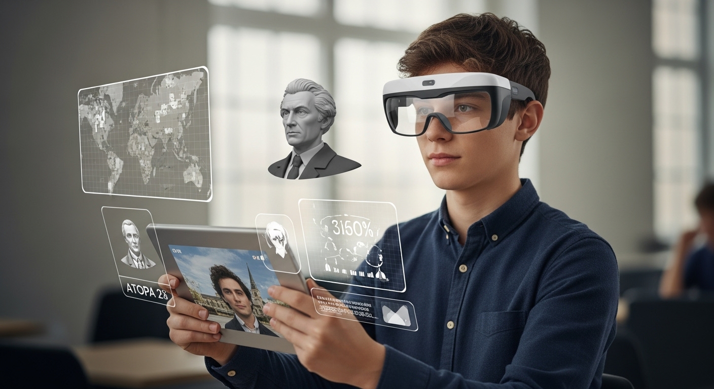 A student using an AR application to overlay digital content in the real world, such as educational information or virtual objects