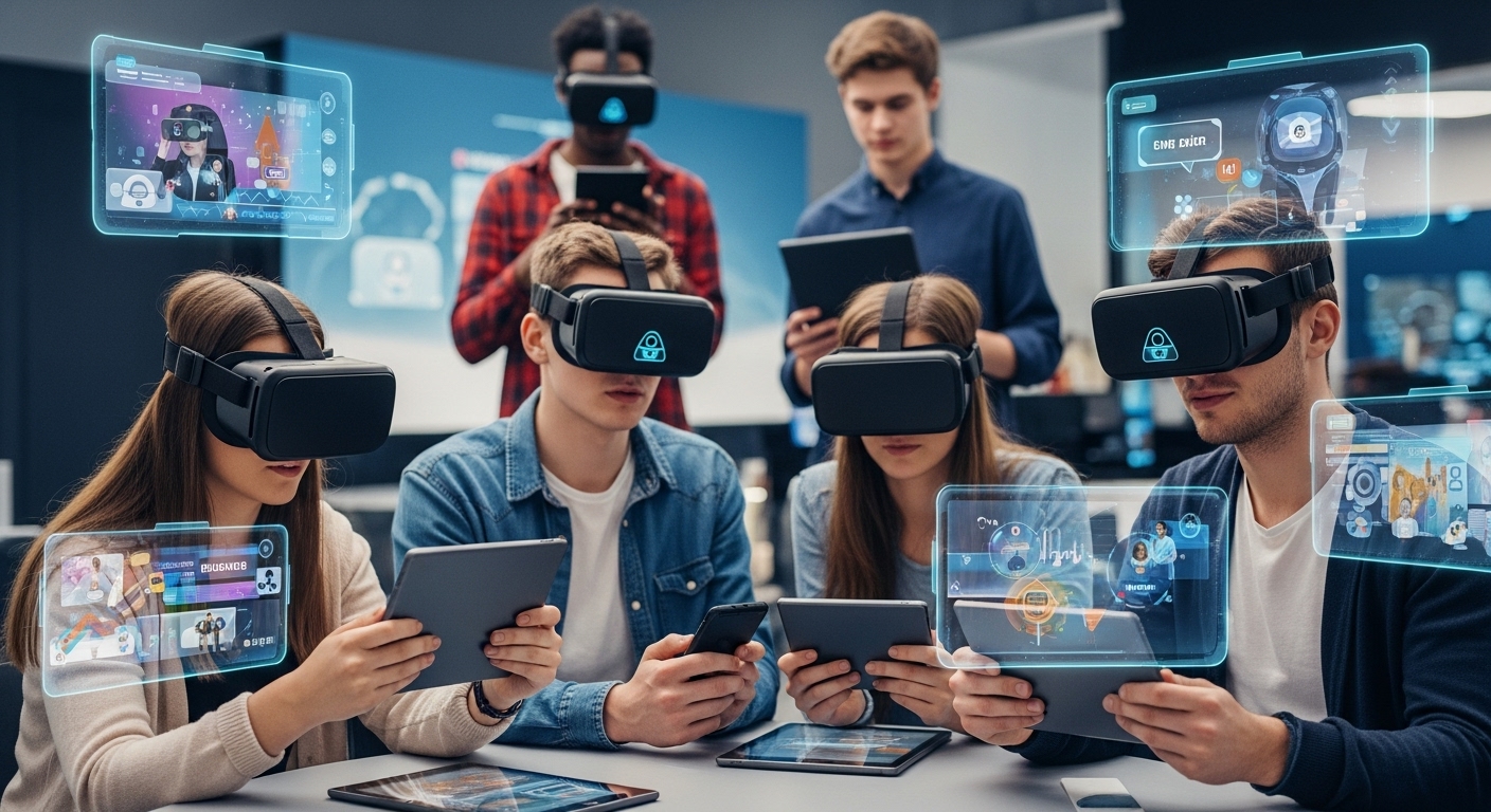 Students engaged in immersive VR and AR experiences, enhancing collaboration, learning, and understanding with Gimkit.
