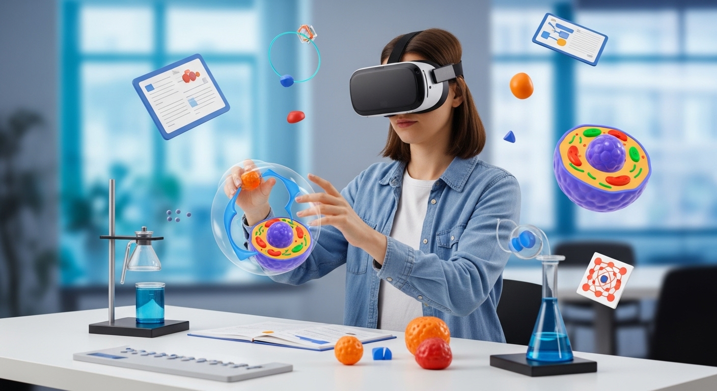 Students interacting with 3D objects to answer questions in a virtual reality Gimkit game.