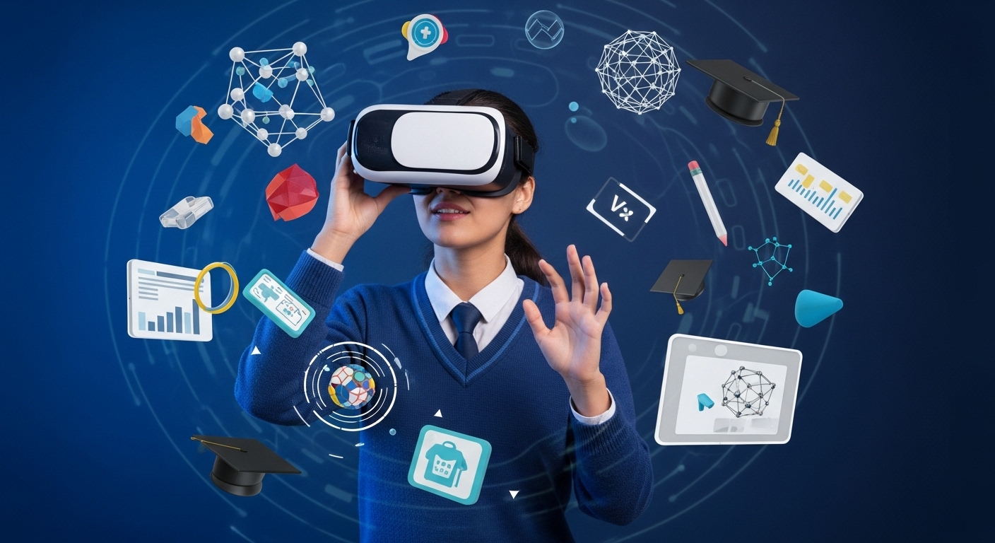 A person wearing a VR headset, fully immersed in a virtual learning environment.
