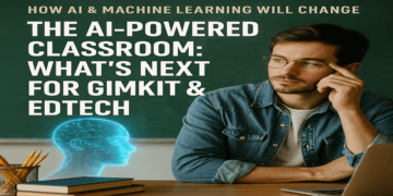 A thoughtful teacher in a digital classroom setting with AI elements, representing the future impact of AI and machine learning on Gimkit and EdTech.