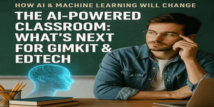 A thoughtful teacher in a digital classroom setting with AI elements, representing the future impact of AI and machine learning on Gimkit and EdTech.