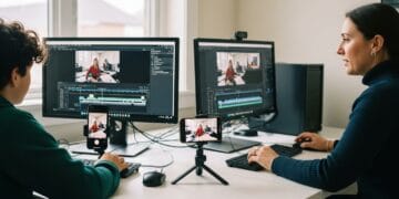 plit-screen view of a smartphone and desktop PC, both running video editing apps, with a student and teacher working together