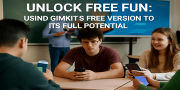High school students actively engaged in a classroom using Gimkit’s free version on their phones, with a teacher guiding the session