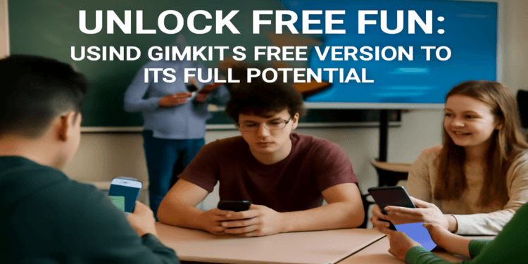 High school students actively engaged in a classroom using Gimkit’s free version on their phones, with a teacher guiding the session