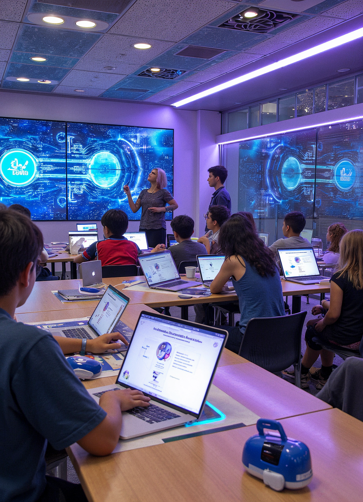 Realistic image of a modern digital classroom featuring diverse students interacting with AI-powered personalized learning platforms, representing the future of education through artificial intelligence and machine learning.