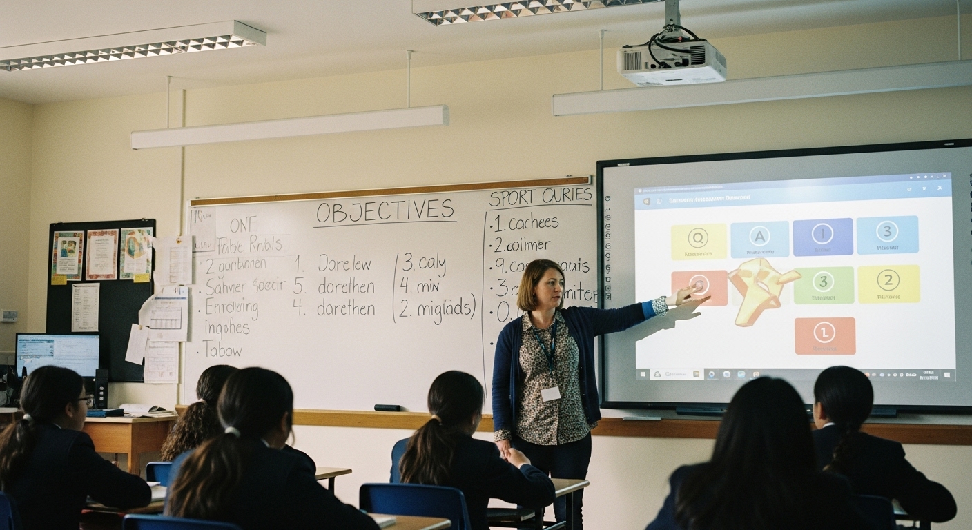 A classroom scene with visible lesson objectives written on the board and a digital game projected on the screen. 