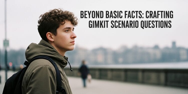 A thoughtful young teacher standing in an urban setting, symbolizing critical thinking in education, with text overlay about crafting Gimkit scenario questions.