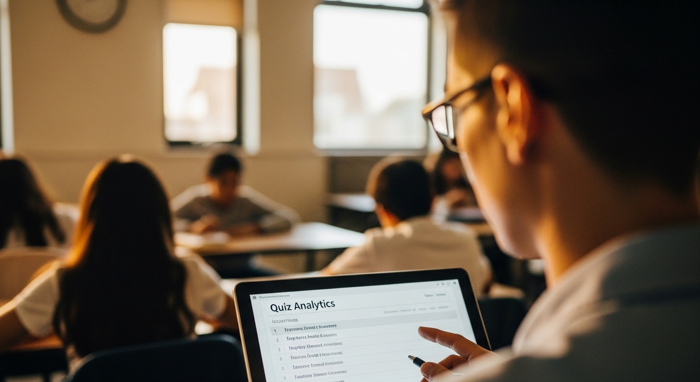 A teacher reviewing quiz results on a screen with attention to incorrect answers that help identify student misconceptions