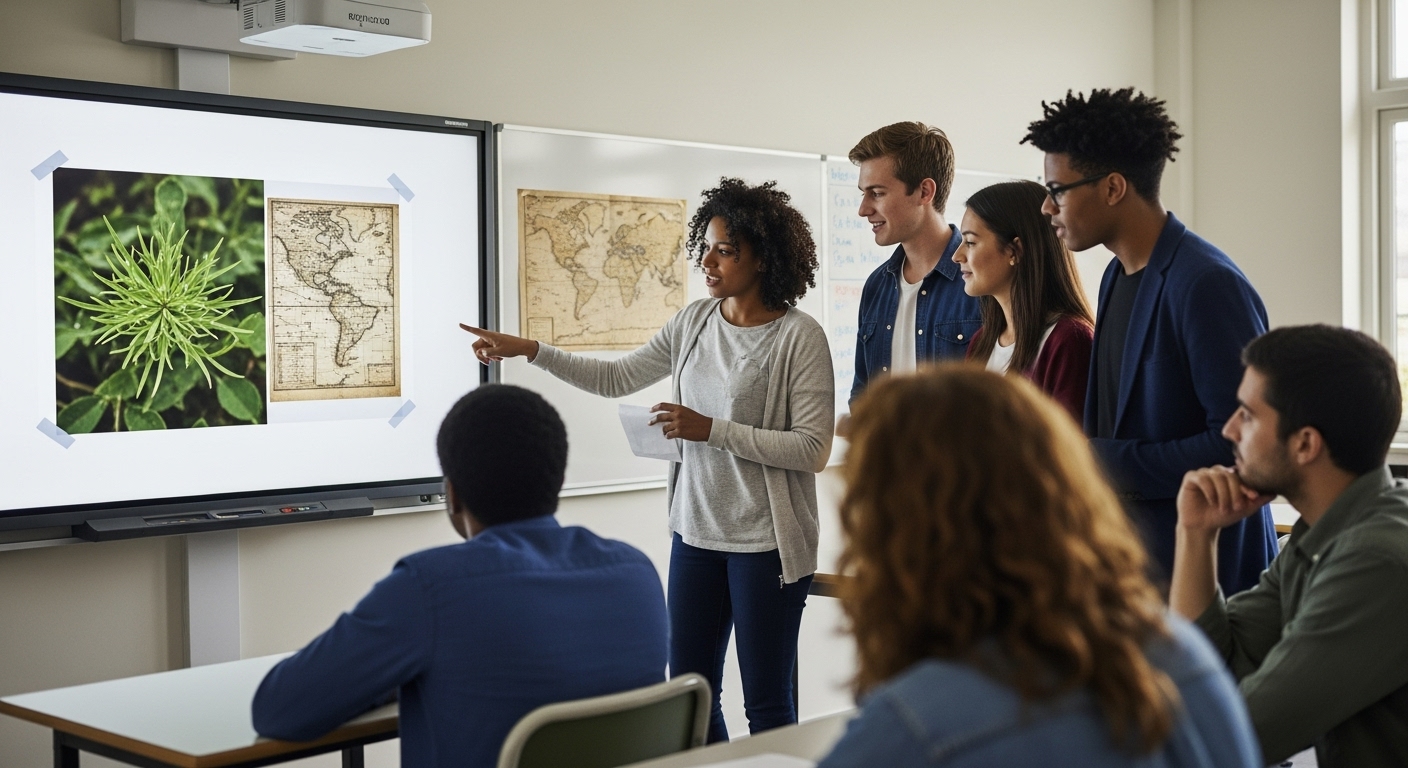 Students analyzing a photo and graph on a screen as part of a classroom learning scenario