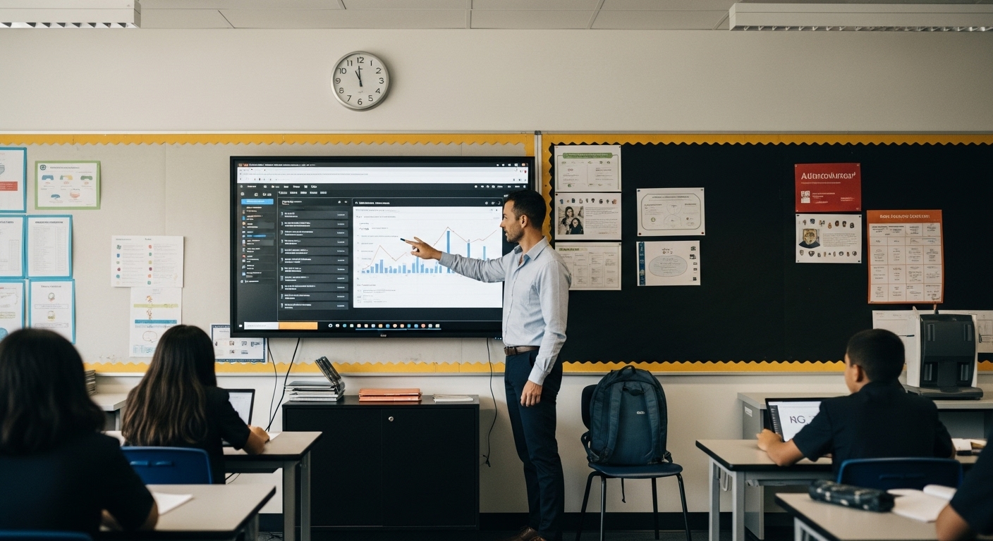 Teacher using Gimkit dashboard to review student performance in a modern classroom